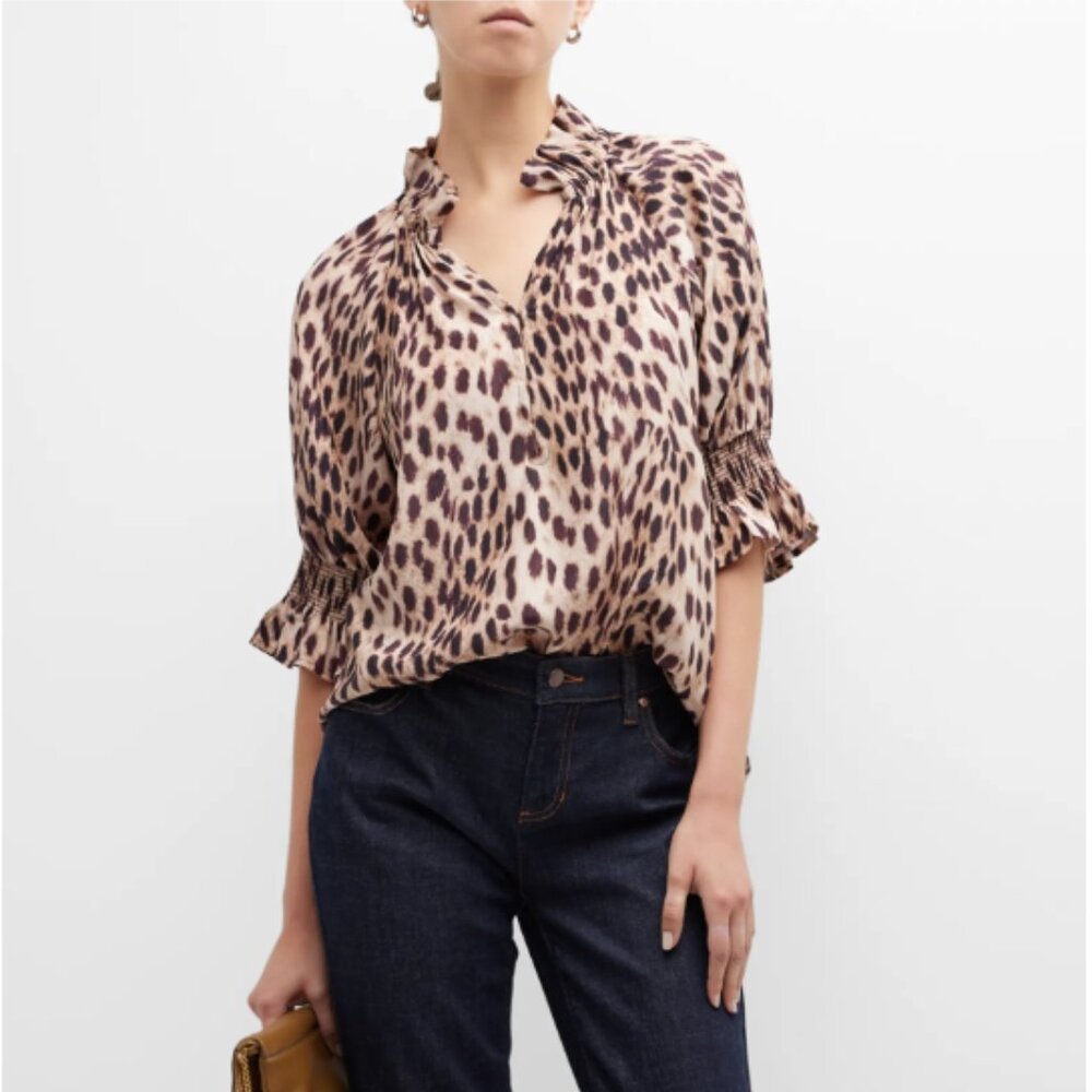 Figue Halima Cheetah Print Smocked Top, Size Small